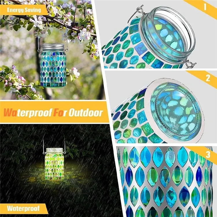 Solar Mosaic Lights Outdoor Hanging Lanterns Waterproof Night Lamps Decorations - Blue