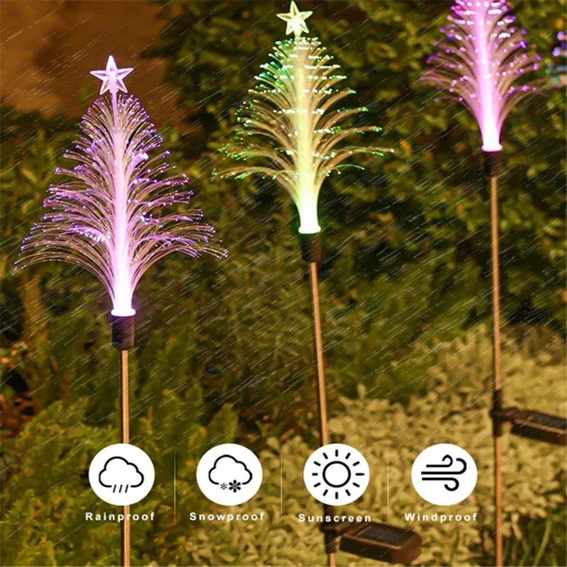 2Pcs Solar Powered Fiber Optic Christmas Tree Shape Ground Stake Light Garden Decoration