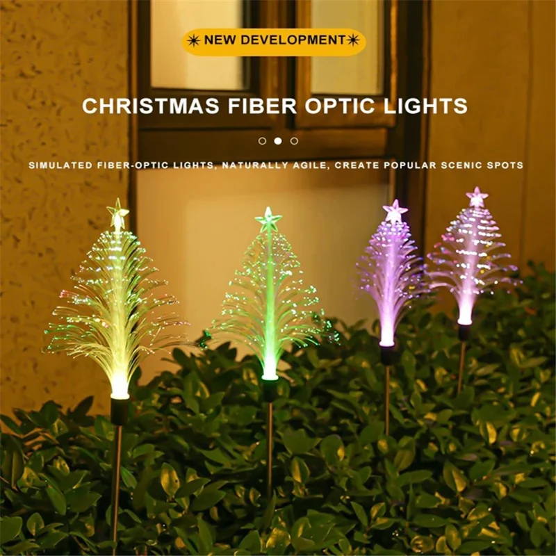 2Pcs Solar Powered Fiber Optic Christmas Tree Shape Ground Stake Light Garden Decoration
