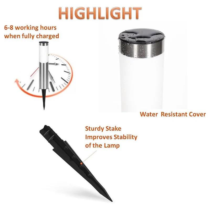 262 Stainless Steel+PP Solar Waterproof Outdoor LED Light Cylindrical Garden Yard Lawn Stake Lamp - Black / White Light