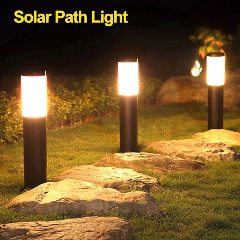 262 Stainless Steel+PP Solar Waterproof Outdoor LED Light Cylindrical Garden Yard Lawn Stake Lamp - Black / White Light