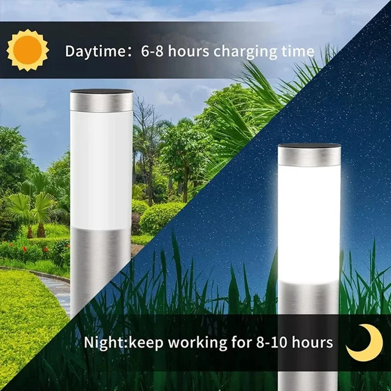 262 Stainless Steel+PP Solar Waterproof Outdoor LED Light Cylindrical Garden Yard Lawn Stake Lamp - Black / White Light
