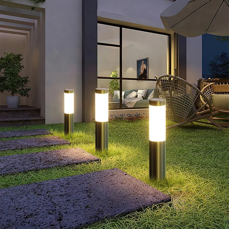 262 Stainless Steel+PP Solar Waterproof Outdoor LED Light Cylindrical Garden Yard Lawn Stake Lamp - Black / White Light