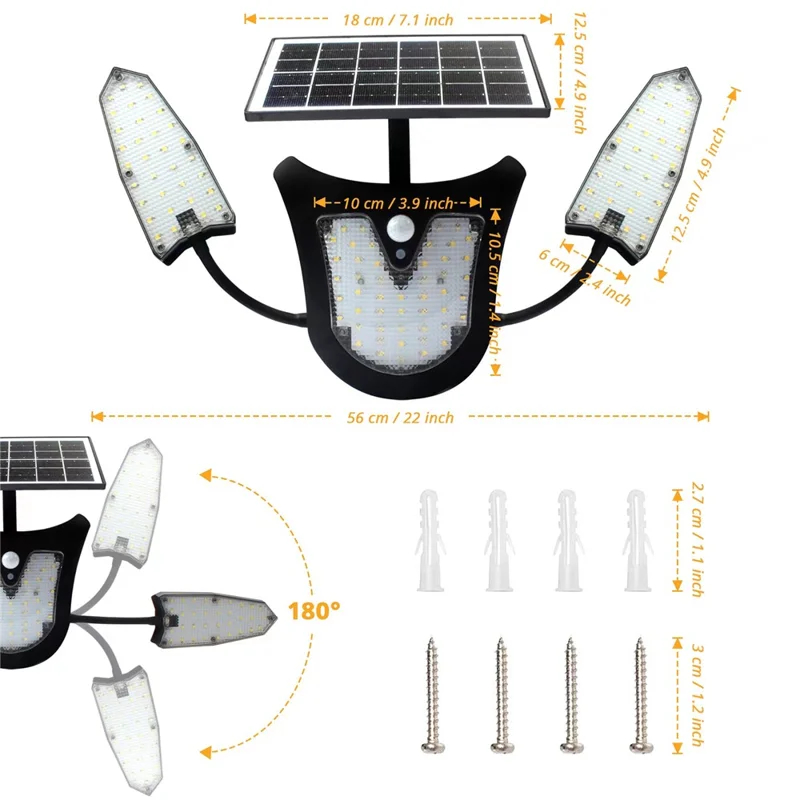 Unabhängiges Solar-Wandleuchte mit 3 Köpfen und LED-Beleuchtung, PIR-Sensor für Bewegungserkennung, für Villa, Garten und Hof