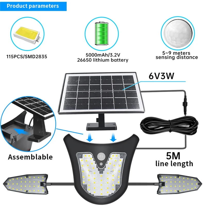Unabhängiges Solar-Wandleuchte mit 3 Köpfen und LED-Beleuchtung, PIR-Sensor für Bewegungserkennung, für Villa, Garten und Hof