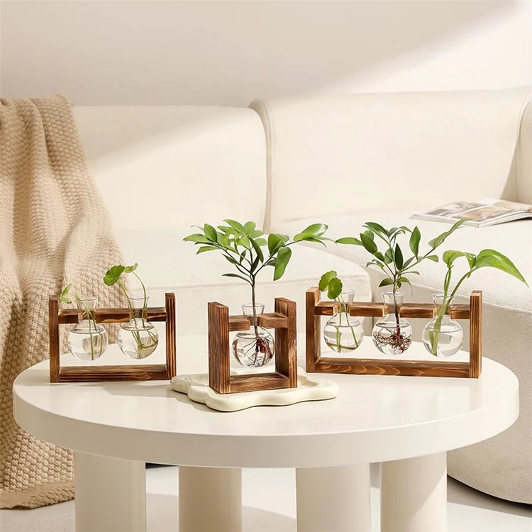 Three Glass Vase Wood Stand Hydroponic Plant Container Pothos Planter Home Decor
