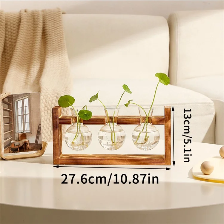 Three Glass Vase Wood Stand Hydroponic Plant Container Pothos Planter Home Decor