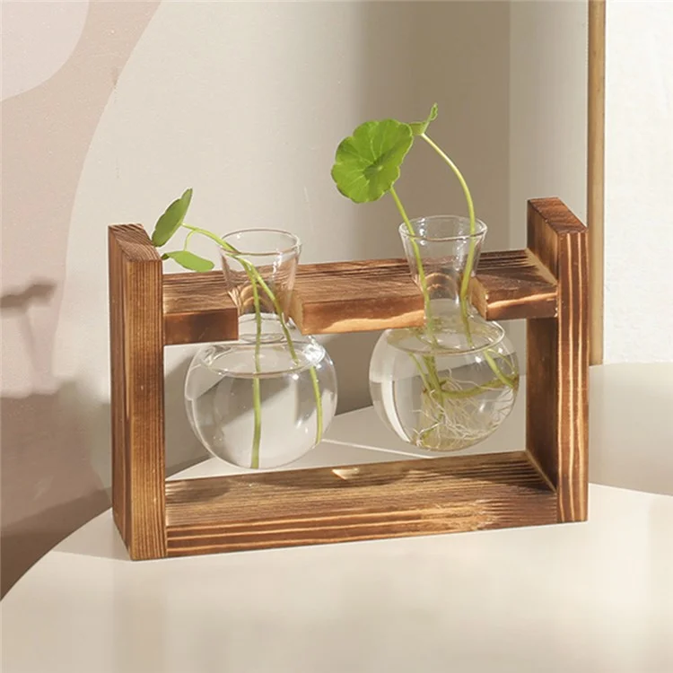 Jarrón de Cristal Doble con Soporte de Madera, Recipiente Hidropónico para Plantas Pothos, Decoración para el Hogar