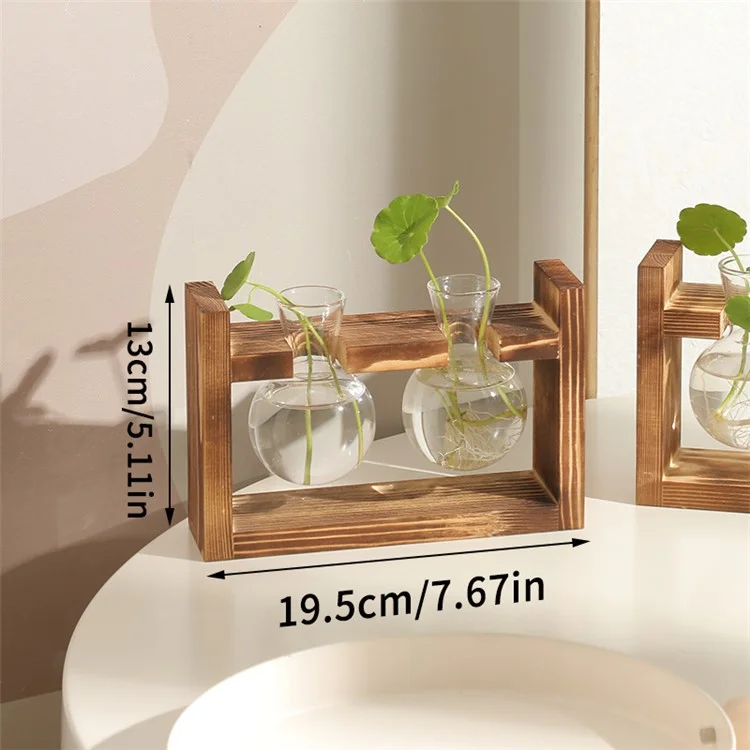 Jarrón de Cristal Doble con Soporte de Madera, Recipiente Hidropónico para Plantas Pothos, Decoración para el Hogar