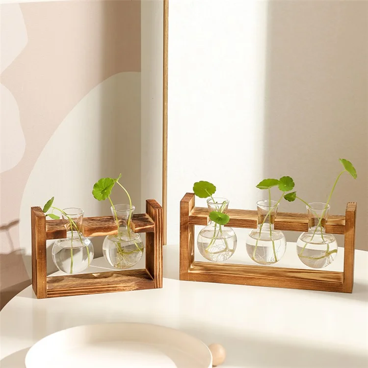 Jarrón de Cristal Doble con Soporte de Madera, Recipiente Hidropónico para Plantas Pothos, Decoración para el Hogar