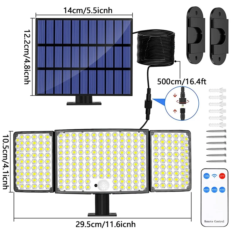 234LED Waterproof Outdoor 3-Head Solar Lamp Motion Sensor Garden Yard Wall Light with Remote Control