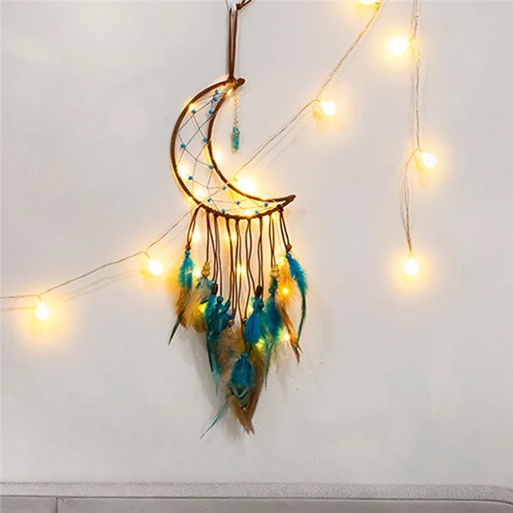 Energy Stone Pendant Feather Dream Catcher Hanging Decor Home Wall Ornament with LED Light Strip - Mond