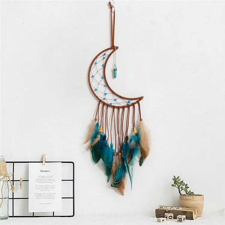 Energy Stone Pendant Feather Dream Catcher Hanging Decor Home Wall Ornament with LED Light Strip - Mond