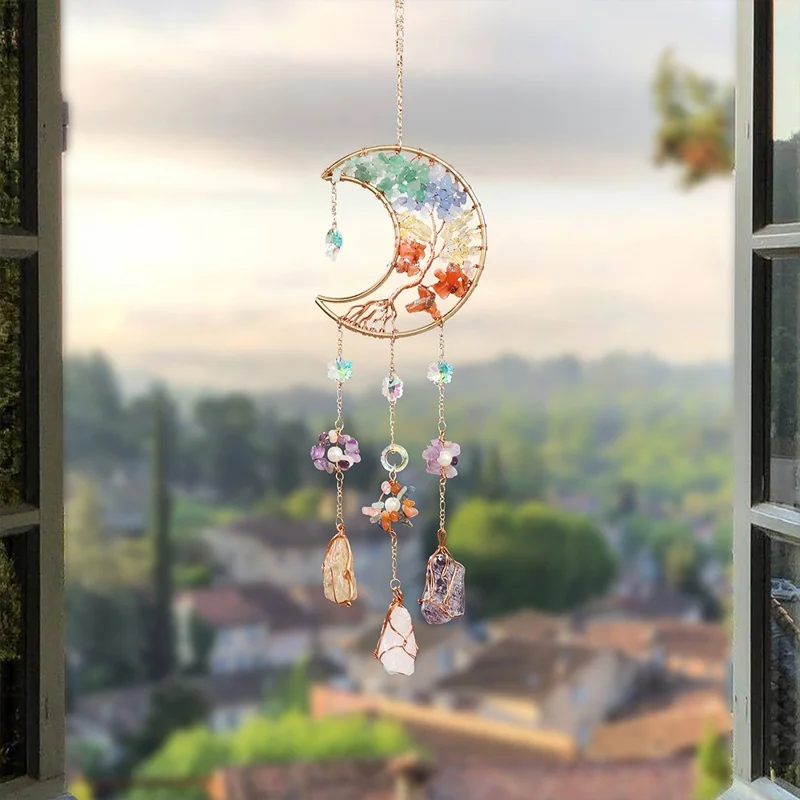 Crystal Pendant Metal Moon Ornament Sun Catcher Outdoor Window Hanging Decoration