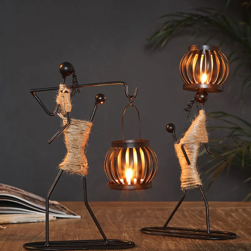 Candle Holder Candlestick Iron Art Hemp Rope Human Figure Decoration Table Ornament - Style E