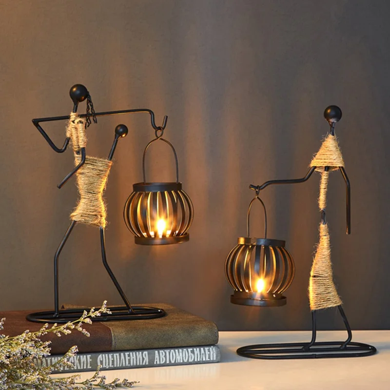 Candle Holder Candlestick Iron Art Hemp Rope Human Figure Decoration Table Ornament - Style E
