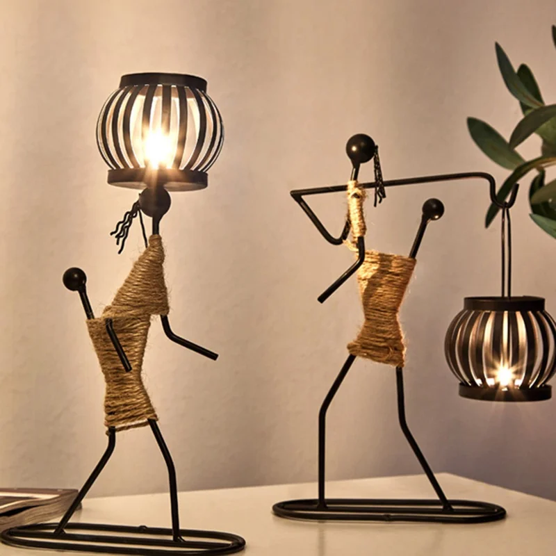 Candle Holder Candlestick Iron Art Hemp Rope Human Figure Decoration Table Ornament - Style E