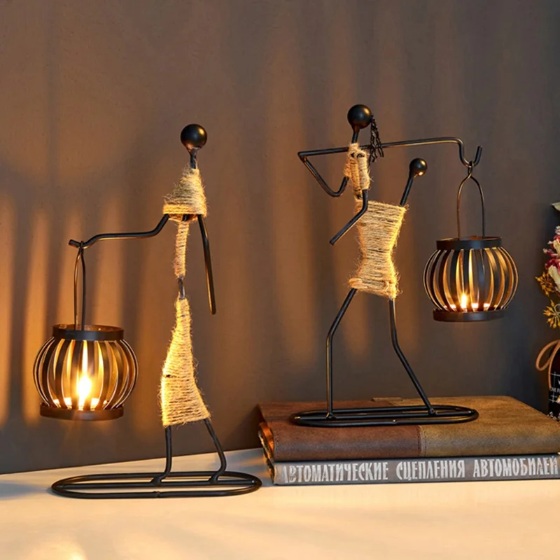 Candle Holder Candlestick Iron Art Hemp Rope Human Figure Decoration Table Ornament - Style E