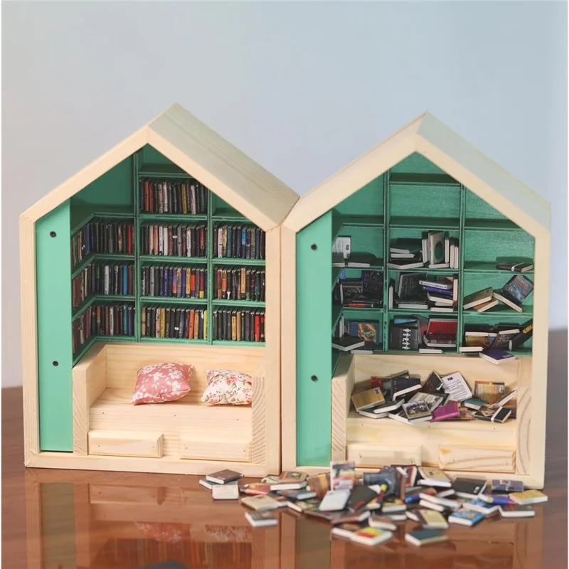 Anxiety Bookshelf Ornament Handmade Mini Room Box Wooden Miniature Book Shelf
