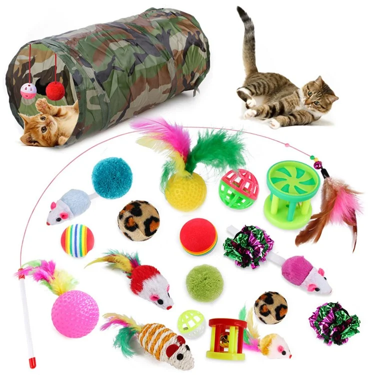 21Pcs / Set Cat Toys Set with Camouflage Tunnel Interactive Cat Toy Feather Mouse Crinkle Balls
