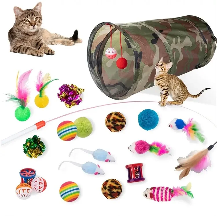 21Pcs / Set Cat Toys Set with Camouflage Tunnel Interactive Cat Toy Feather Mouse Crinkle Balls