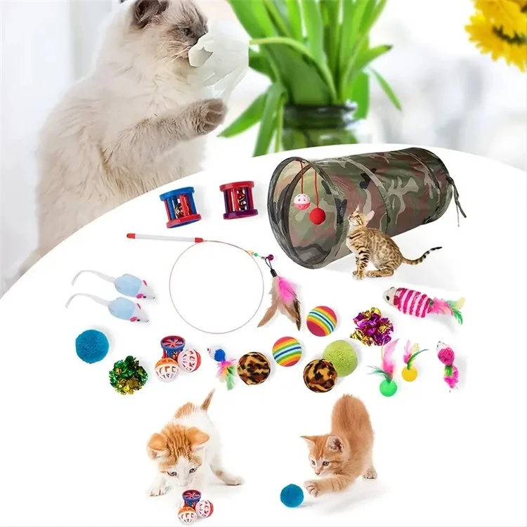 21Pcs / Set Cat Toys Set with Camouflage Tunnel Interactive Cat Toy Feather Mouse Crinkle Balls