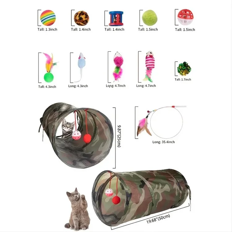 21Pcs / Set Cat Toys Set with Camouflage Tunnel Interactive Cat Toy Feather Mouse Crinkle Balls