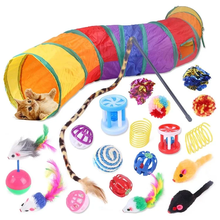 20Pcs / Set Cat Toys Set with Collapsible Rainbow Tunnel Interactive Cat Feather Mouse Crinkle Balls Toy