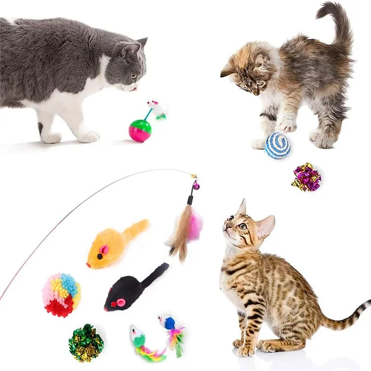 20Pcs / Set Cat Toys Set with Collapsible Rainbow Tunnel Interactive Cat Feather Mouse Crinkle Balls Toy