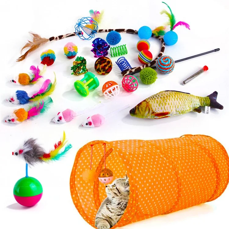 28pcs / Définir Des Jouets Pour Chat Avec un Tunnel Orange Jouet Interactif Jouet de Jouet de Plumes de Pêche à la Souris de Souris