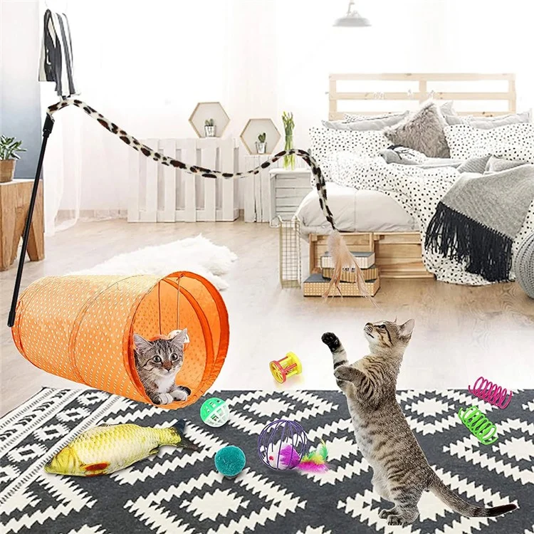 28pcs / Définir Des Jouets Pour Chat Avec un Tunnel Orange Jouet Interactif Jouet de Jouet de Plumes de Pêche à la Souris de Souris