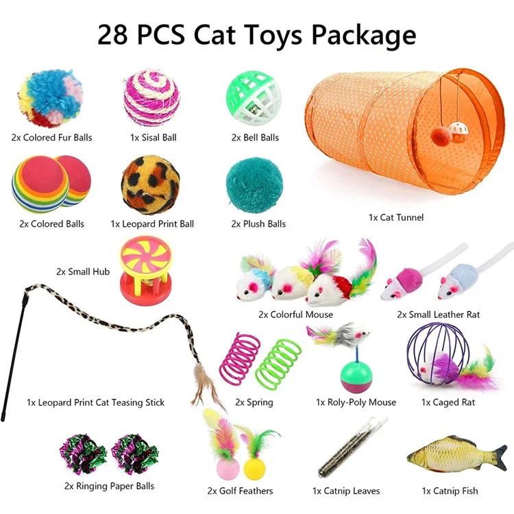28pcs / Définir Des Jouets Pour Chat Avec un Tunnel Orange Jouet Interactif Jouet de Jouet de Plumes de Pêche à la Souris de Souris