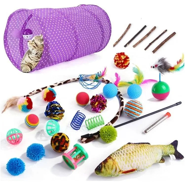 30Pcs / Set Cat Toys Set with Purple Tunnel Interactive Cat Toy Feather Fish Mouse Crinkle Balls