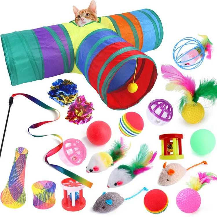 21pcs / Set Cat Toys Set Mit T-förmigen Farbenfrohen Tunnel Interactive Cat Toy Federmaus Crinkle Bugs