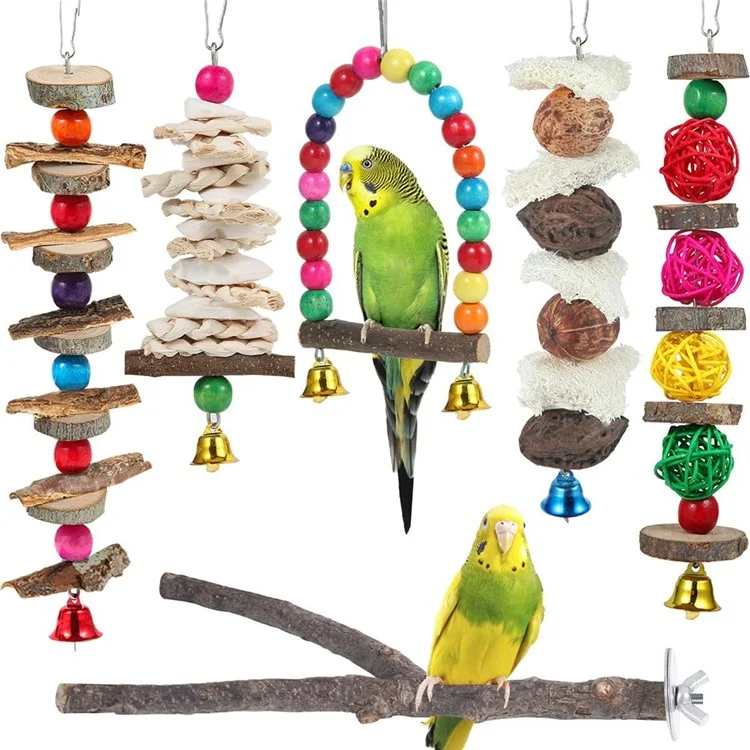 6 Piezas / Juguetes de Loro Rama Natural Rama de Árbol de Madera Penjería de Madera Pet pe Standing Swinging Toy
