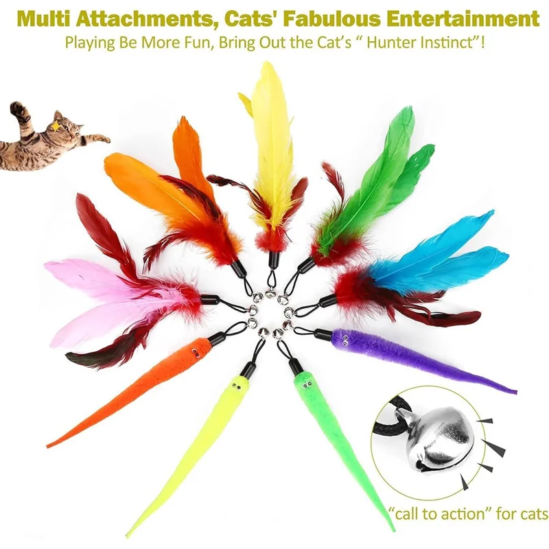 10pcs / Set Pet Cat Toy Toy Bunte Feder Angelruten Raupe Glocken Austauschbarer Kopfkatze Teaser Zauberstab