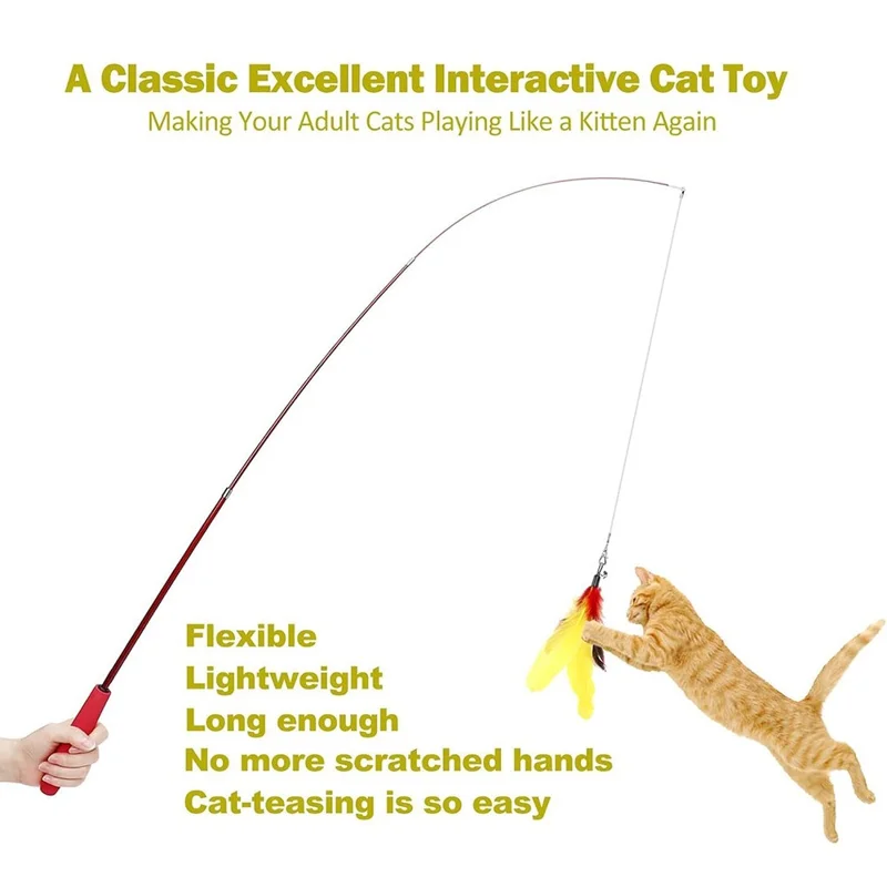 10pcs / Set Pet Cat Toy Toy Bunte Feder Angelruten Raupe Glocken Austauschbarer Kopfkatze Teaser Zauberstab