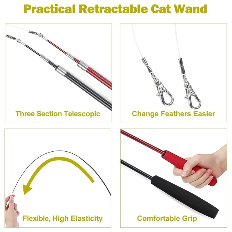 10pcs / Set Pet Cat Toy Toy Bunte Feder Angelruten Raupe Glocken Austauschbarer Kopfkatze Teaser Zauberstab
