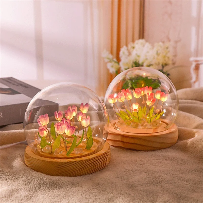 DIY Tulip Night Light Светодиодная Настольная Лампа со Стеклянным Куполом 13 Шт. - Розовый