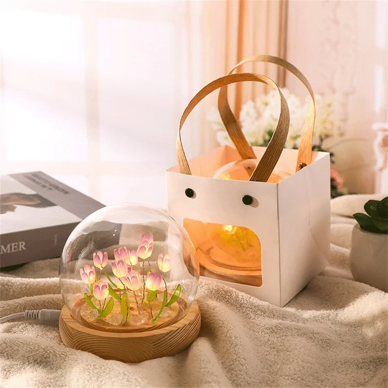 DIY Tulip Night Light Светодиодная Настольная Лампа со Стеклянным Куполом 13 Шт. - Розовый