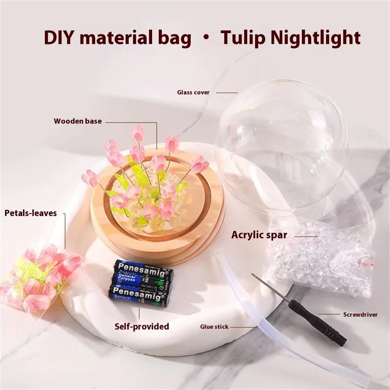 DIY Tulip Night Light Светодиодная Настольная Лампа со Стеклянным Куполом 13 Шт. - Розовый