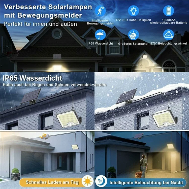 Lampe murale intelligente solaire étanche à 172 LED 300W avec détecteur de mouvement