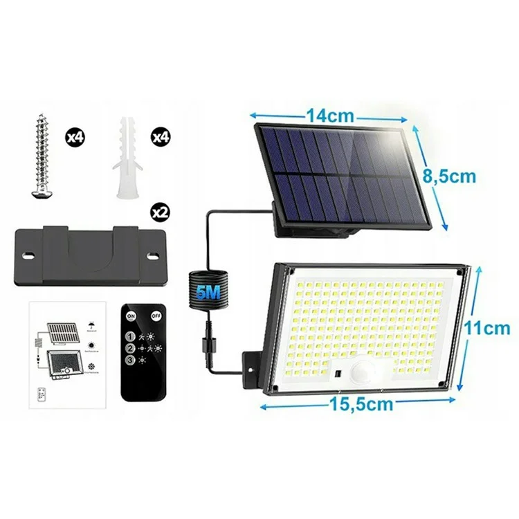 Lampe murale intelligente solaire étanche à 172 LED 300W avec détecteur de mouvement
