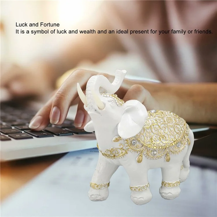 Estatua de elefante afortunado de fortuna, artesanía de resina para el hogar, porche, oficina, feng shui, adorno, tamaño M - Blanco