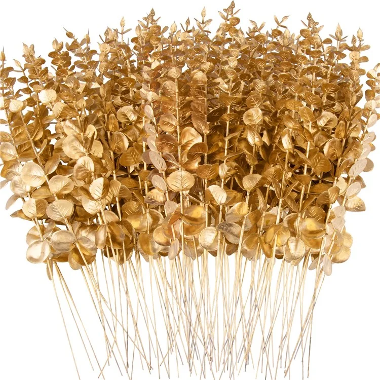 10 Stück künstliche Eukalyptuszweige, Kunststoff-Faux-Pflanze, Heim- und Bürodekoration, Hochzeit, Party - Gold