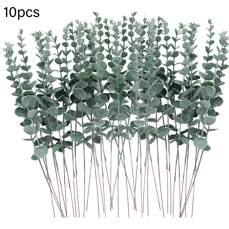 10 tiges artificielles d'eucalyptus en plastique, faux plante, décoration pour la maison, le bureau, les mariages et les fêtes - Vert noirâtre