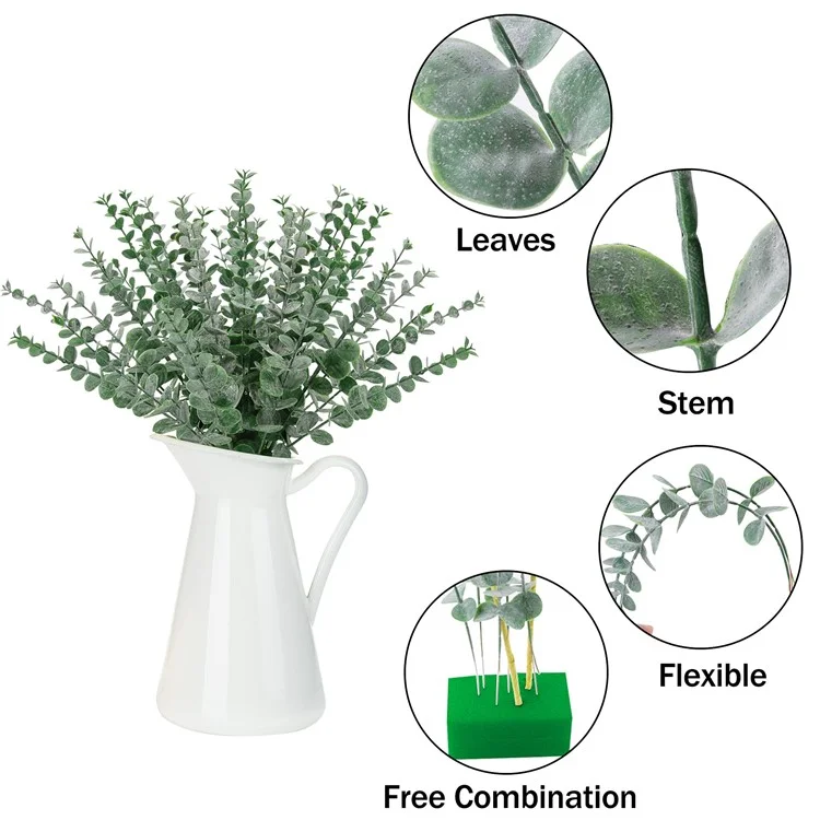 10 tiges artificielles d'eucalyptus en plastique, faux plante, décoration pour la maison, le bureau, les mariages et les fêtes - Vert noirâtre