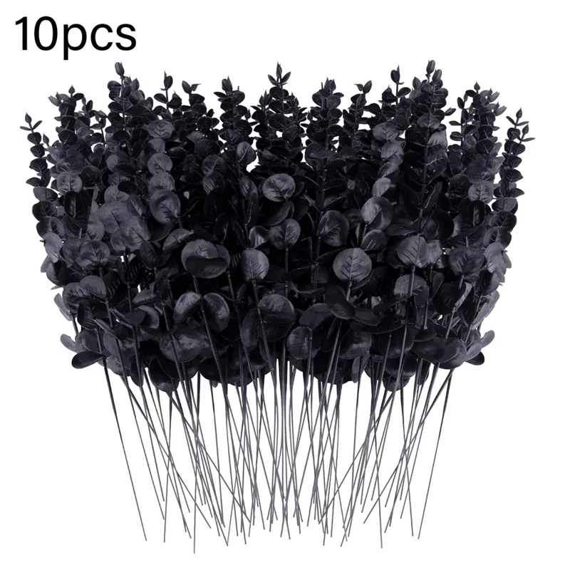 10 tallos artificiales de eucalipto, plantas falsas de plástico para decoración del hogar, oficina, boda y fiesta - Negro