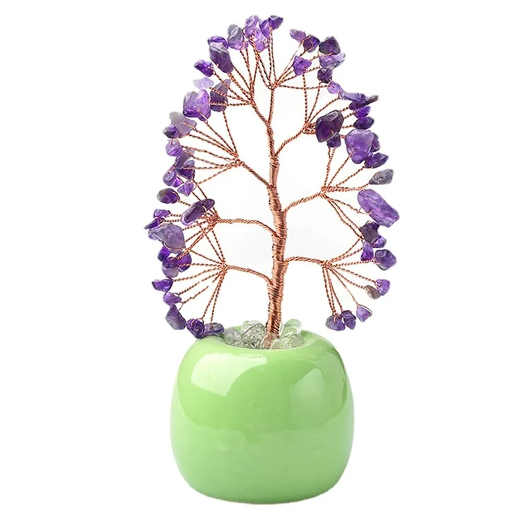 Albero di denaro in cristallo naturale con base in ceramica, decorazione ad albero della fortuna per ufficio e casa - Viola / Verde