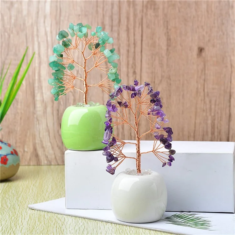 Albero di denaro in cristallo naturale con base in ceramica, decorazione ad albero della fortuna per ufficio e casa - Viola / Verde